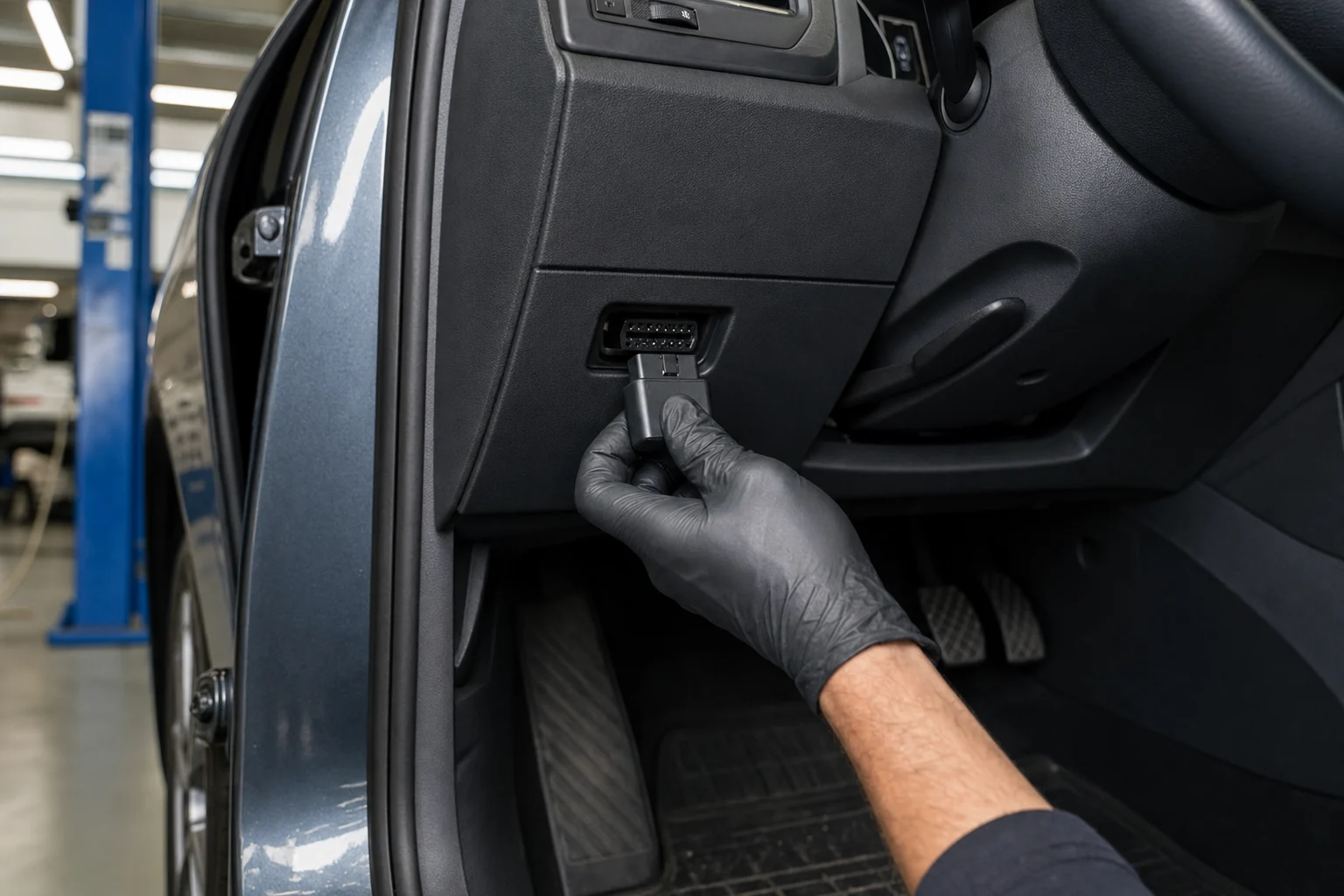 Otomobilin 16 pin OBD2 soketine markasız diagnostik adaptör bağlayan servis teknisyeni