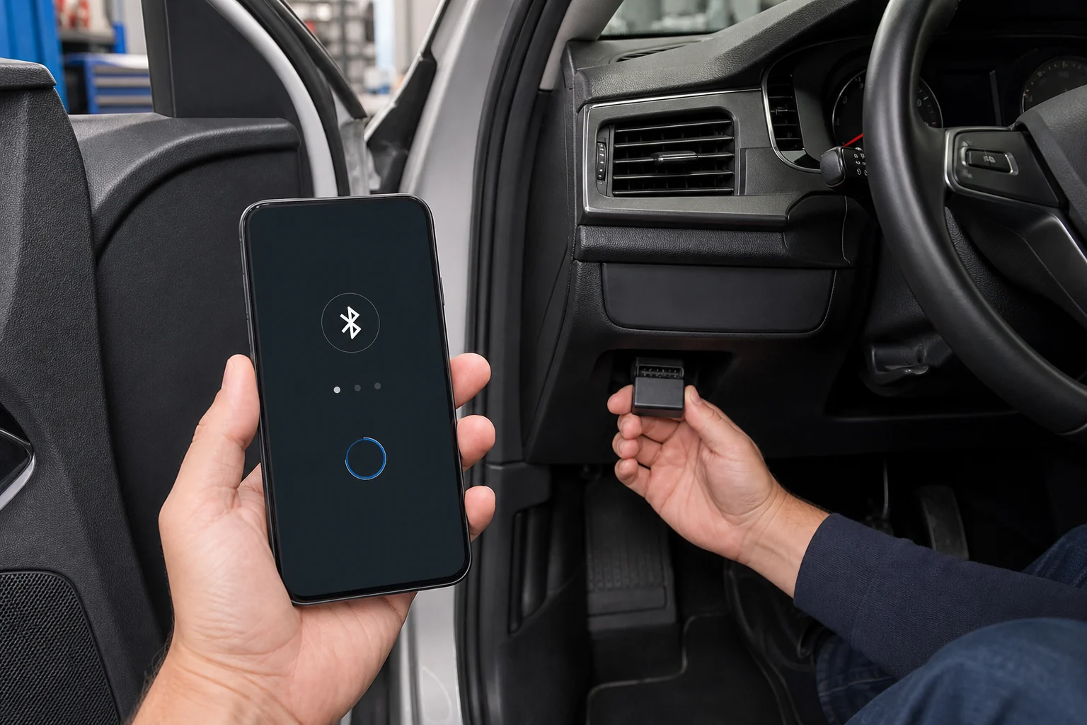 Park halindeki otomobilde Bluetooth bağlantısıyla telefonu OBD2 adaptörüne eşleştiren kullanıcı