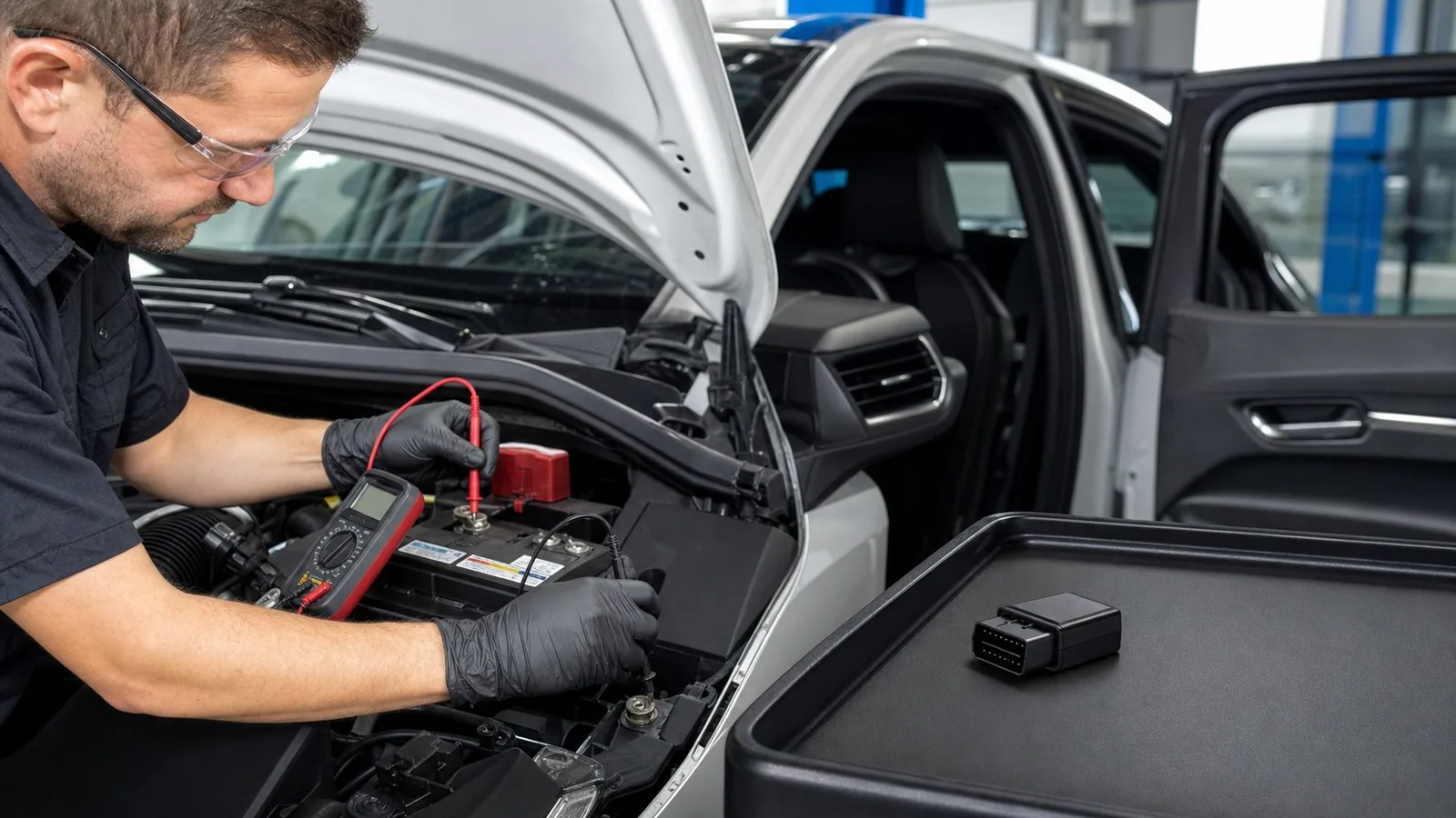Araç aküsü ve OBD2 adaptörünün güvenli kullanımını kontrol eden teknisyen