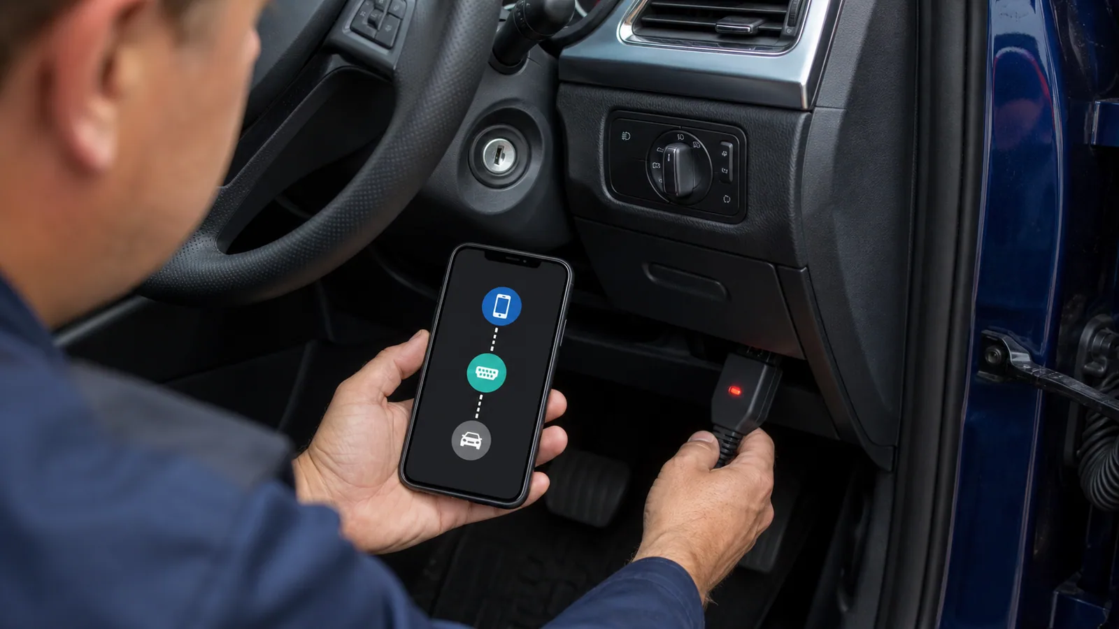 Telefon adaptöre bağlıyken araç verisi gelmeyen OBD2 bağlantısını kontrol eden teknisyen