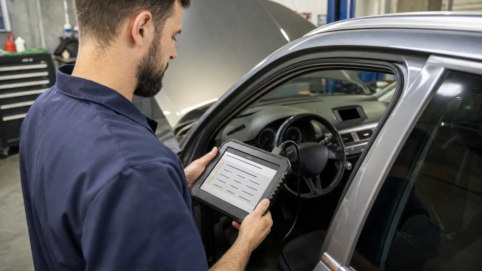 Araç içinde OBD2 cihazıyla arıza kodlarını inceleyen servis teknisyeni