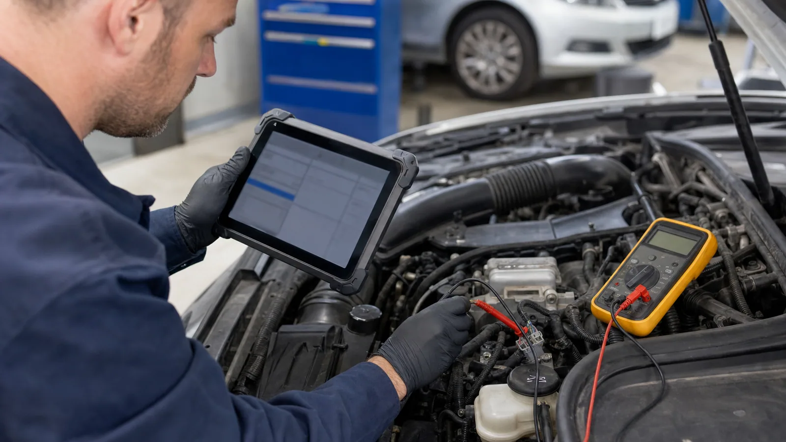 Arıza kodunu elektriksel ölçüm sonucu ile karşılaştıran otomotiv teknisyeni