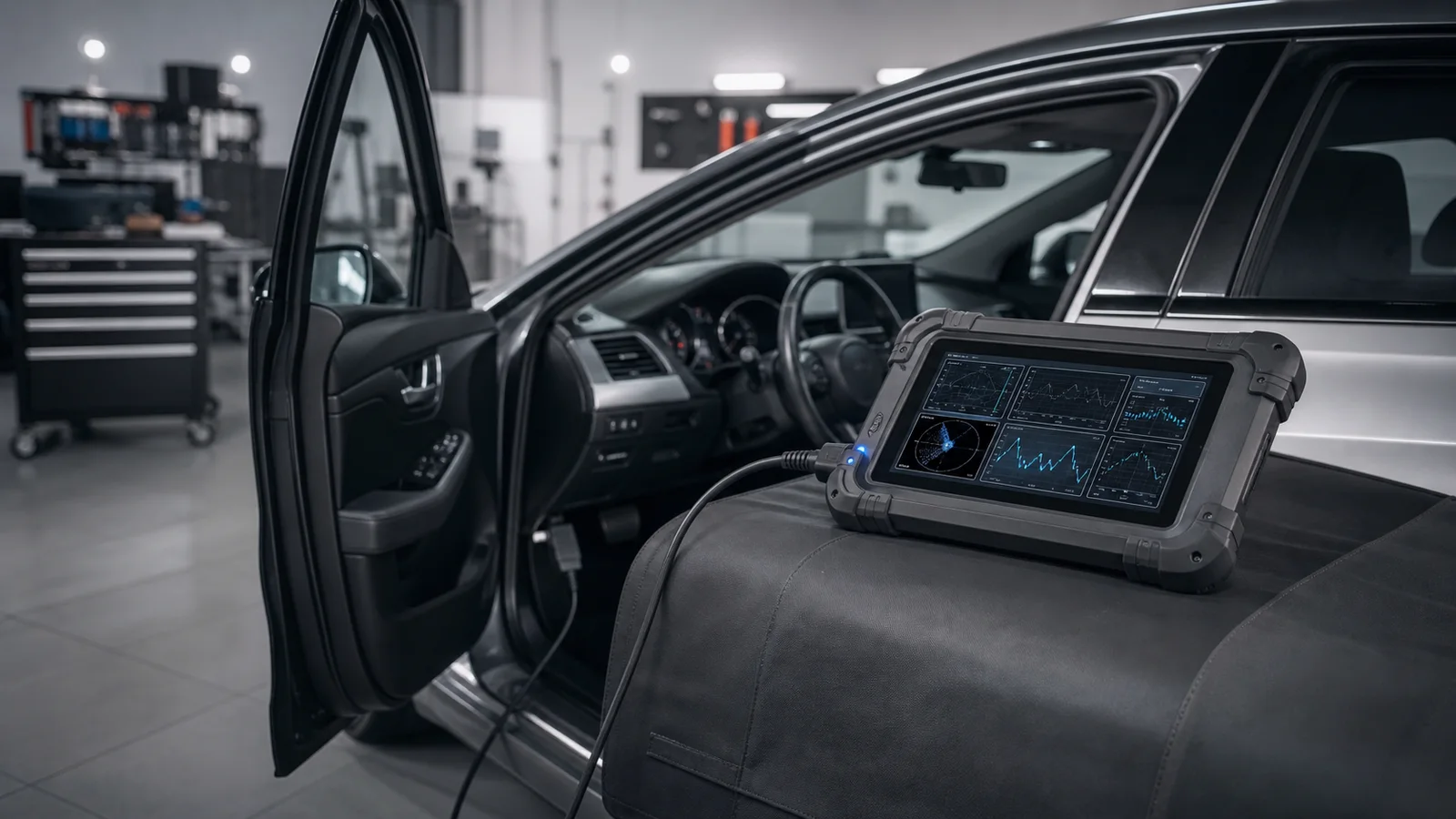 Oto serviste OBD bağlantısıyla kullanılan diagnostik tablet