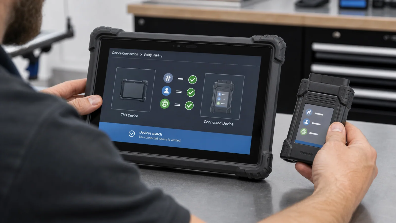 Diagnostik tablet ile VCI arayüzünün cihaz ve lisans eşleşmesini kontrol eden teknisyen