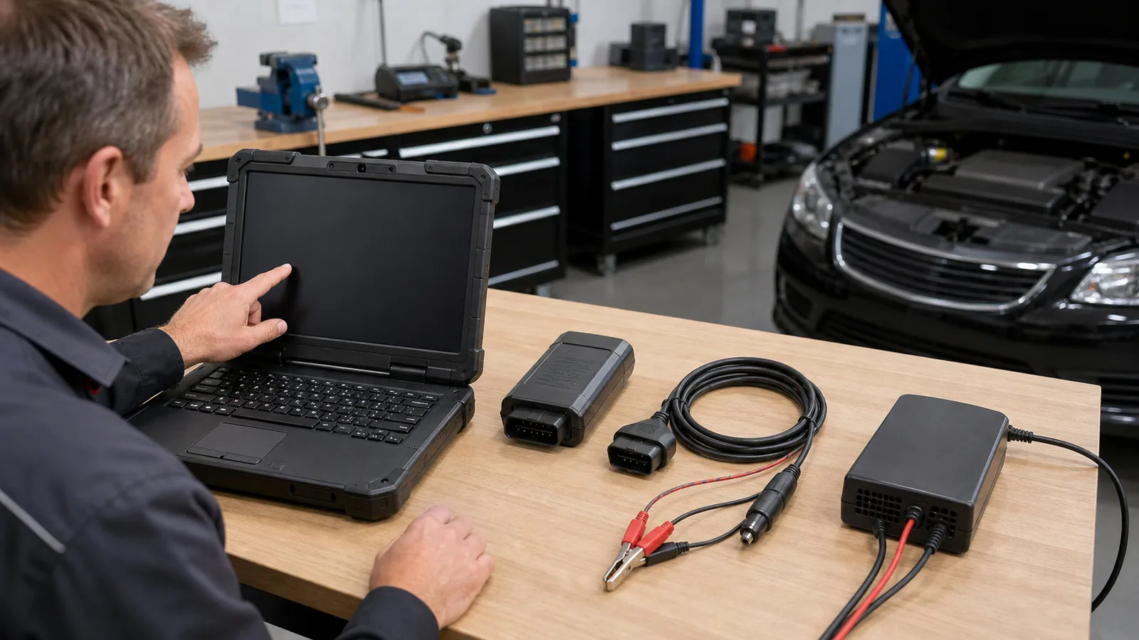 Servis ortamında PC tabanlı araç arıza tespit programını kullanan teknisyen