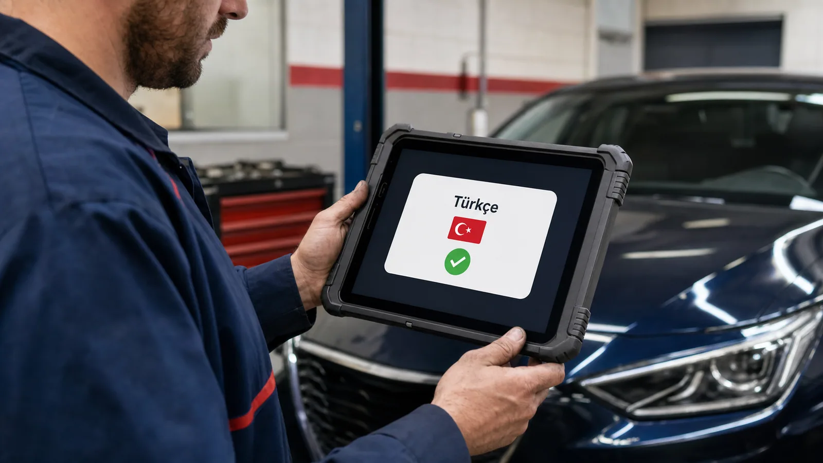 Türkçe dil seçimi açık olan diagnostik tableti kullanan otomotiv teknisyeni