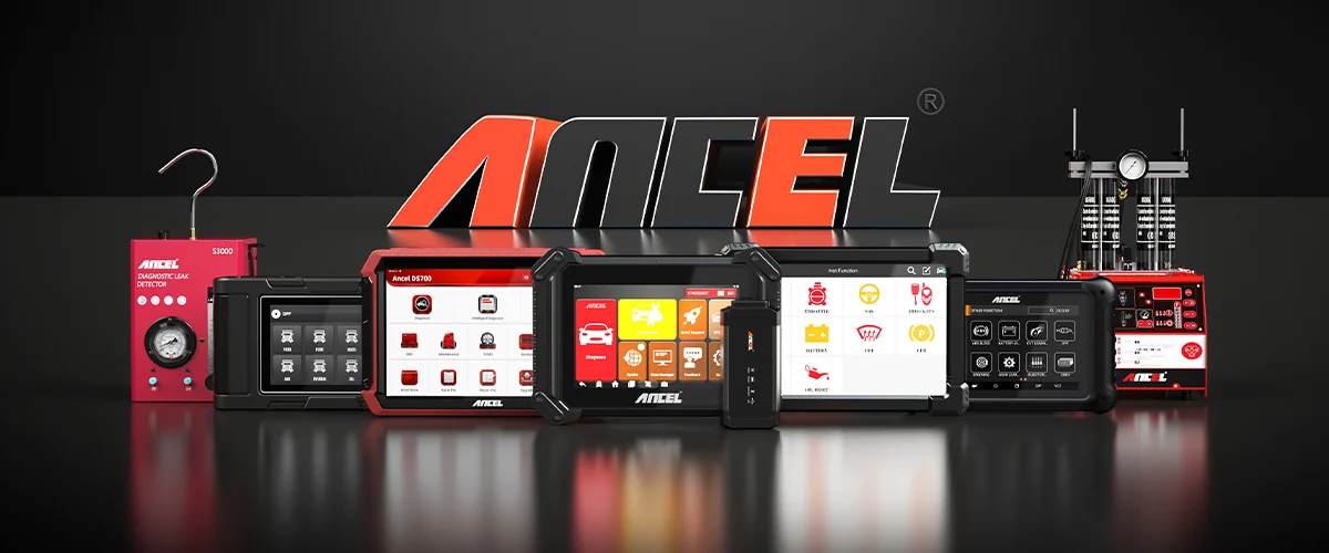 Ancel diagnostic tablets and service equipment on a black studio background