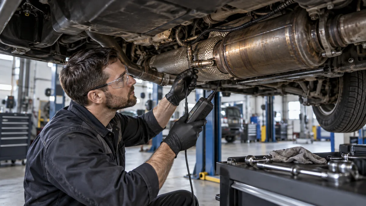 Technician checking exhaust temperature and particulate filter conditions on a diesel vehicle before the procedure