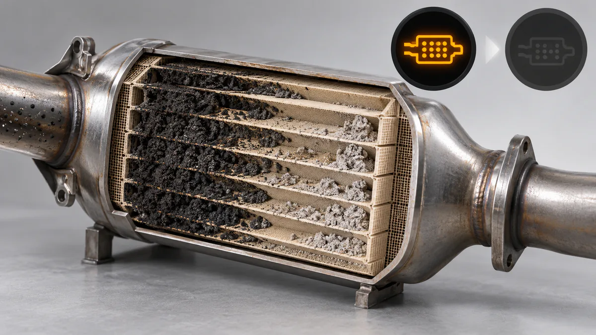 Cross-section of a diesel particulate filter with soot and ash remaining in the honeycomb channels, even after the warning is cleared