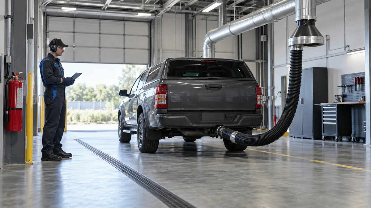 DPF service regeneration area prepared with exhaust extraction, a safe clearance area, and protective equipment