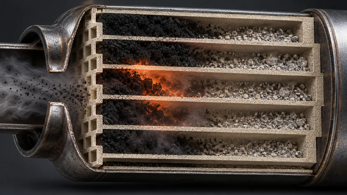 Close-up view distinguishing combustible soot from non-combustible ash accumulation in the DPF honeycomb structure