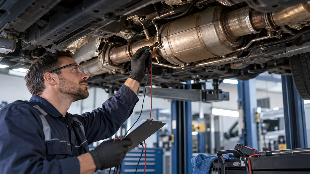 Technician systematically inspecting DPF pressure hoses, temperature sensors, and exhaust line