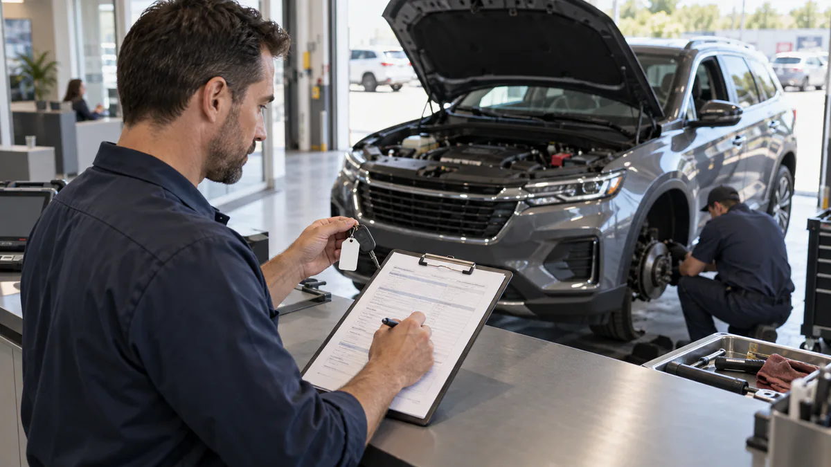 Automotive technician defining vehicle information, system to be examined, and operation to be performed on a service form