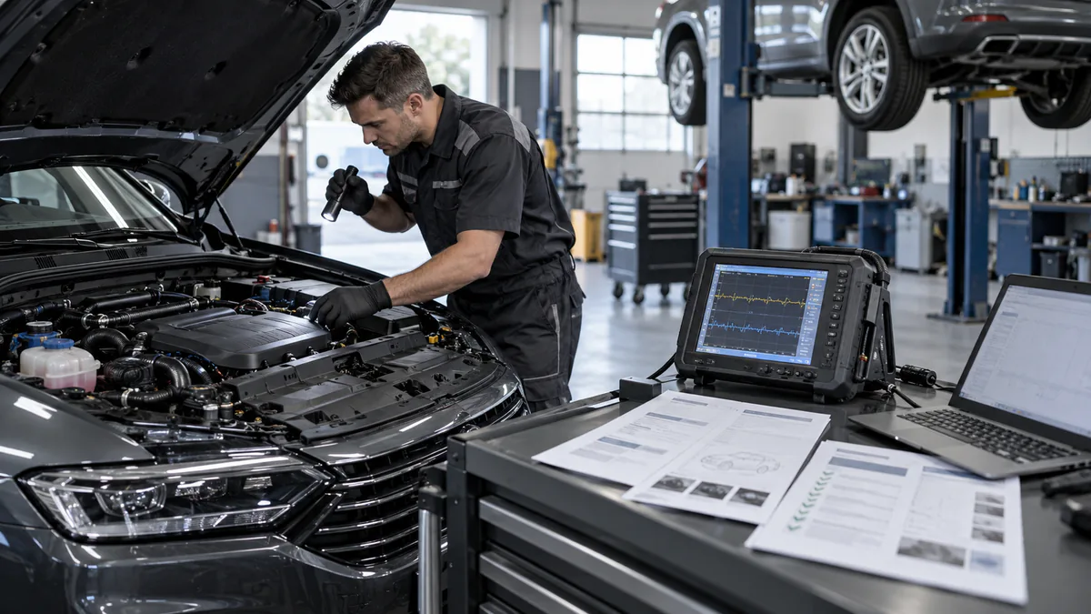 Automotive workshop technician integrating vehicle scanning, live measurement, and service reports into a regular workflow