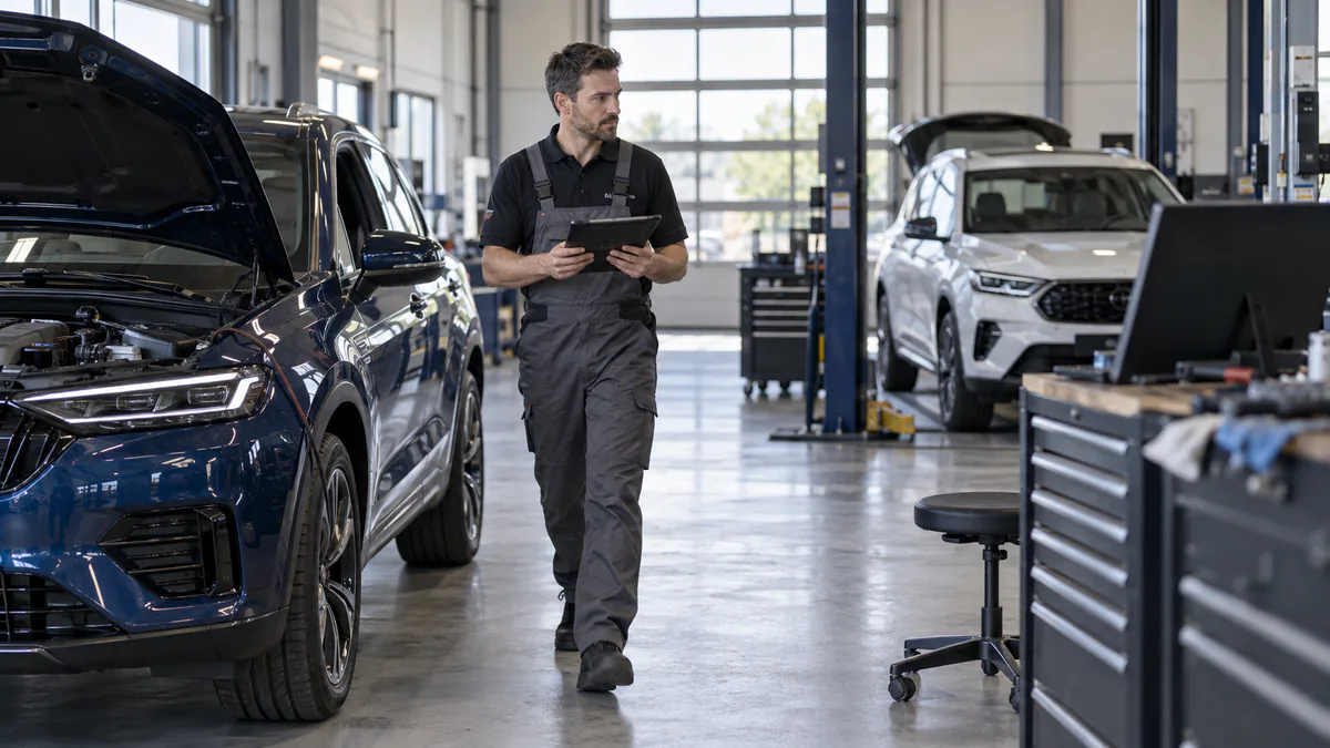 Automotive service scene showing the movement area provided by wireless connectivity separately from vehicle scope