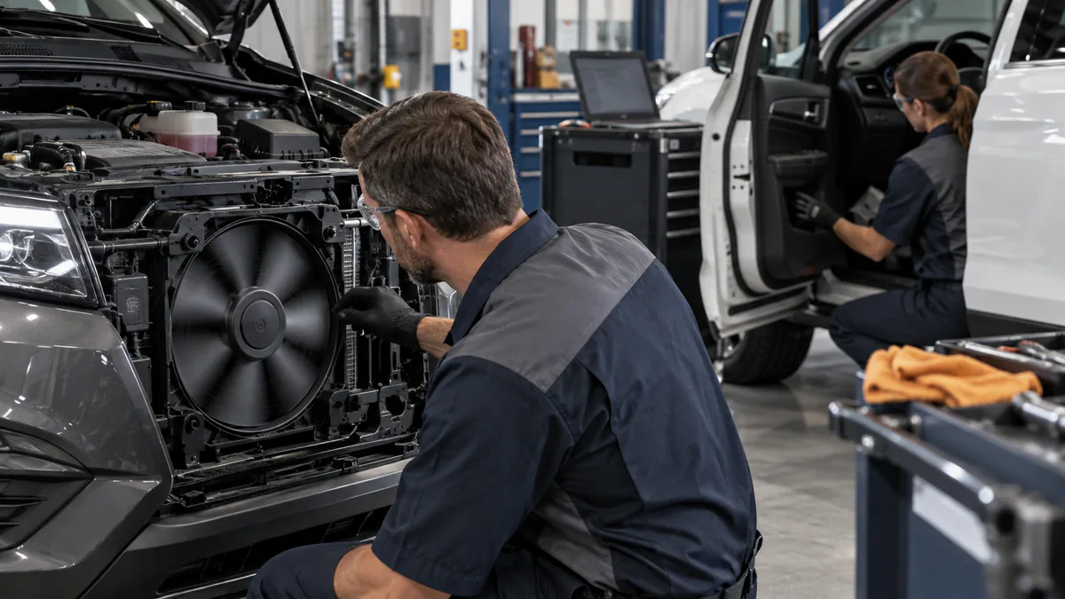 Professional service technicians verifying active test functionality on two different vehicles separately