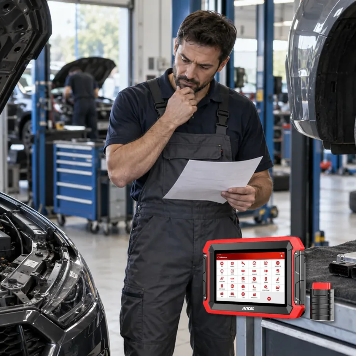Automotive technician evaluating engine, brake, and control unit tasks separately