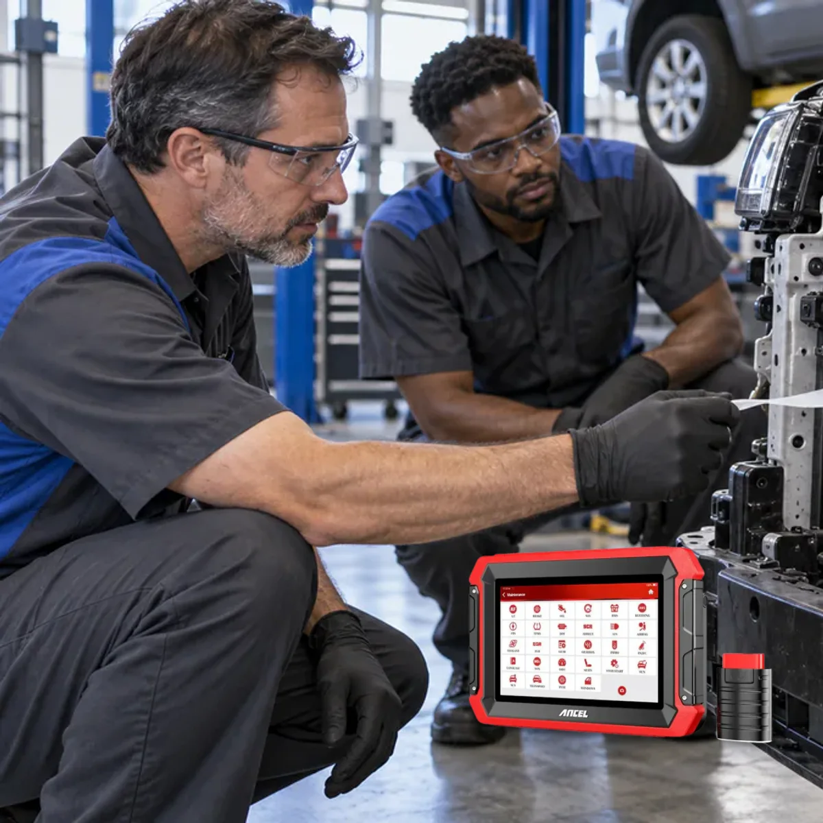 Technicians safely monitoring the physical response of a rotating radiator fan during active testing
