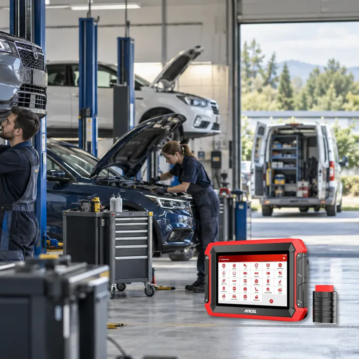 Service area showing intensive multi-vehicle workshop and lighter mobile service workflow side-by-side