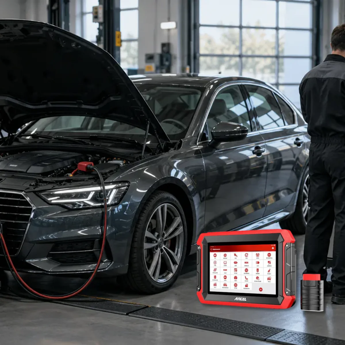 Technician preparing stable power support and regular connection conditions during vehicle coding operations