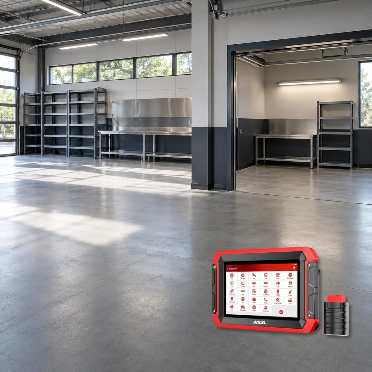 Verified actual ANCEL DS600 diagnostic tablet in front of spacious and compact service work areas