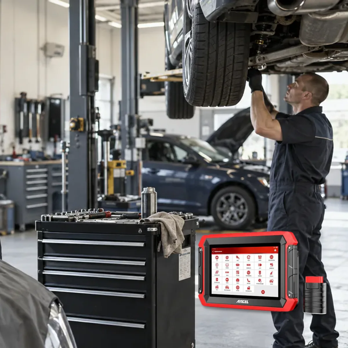Automotive technicians examining separate control units in vehicles of different ages and classes