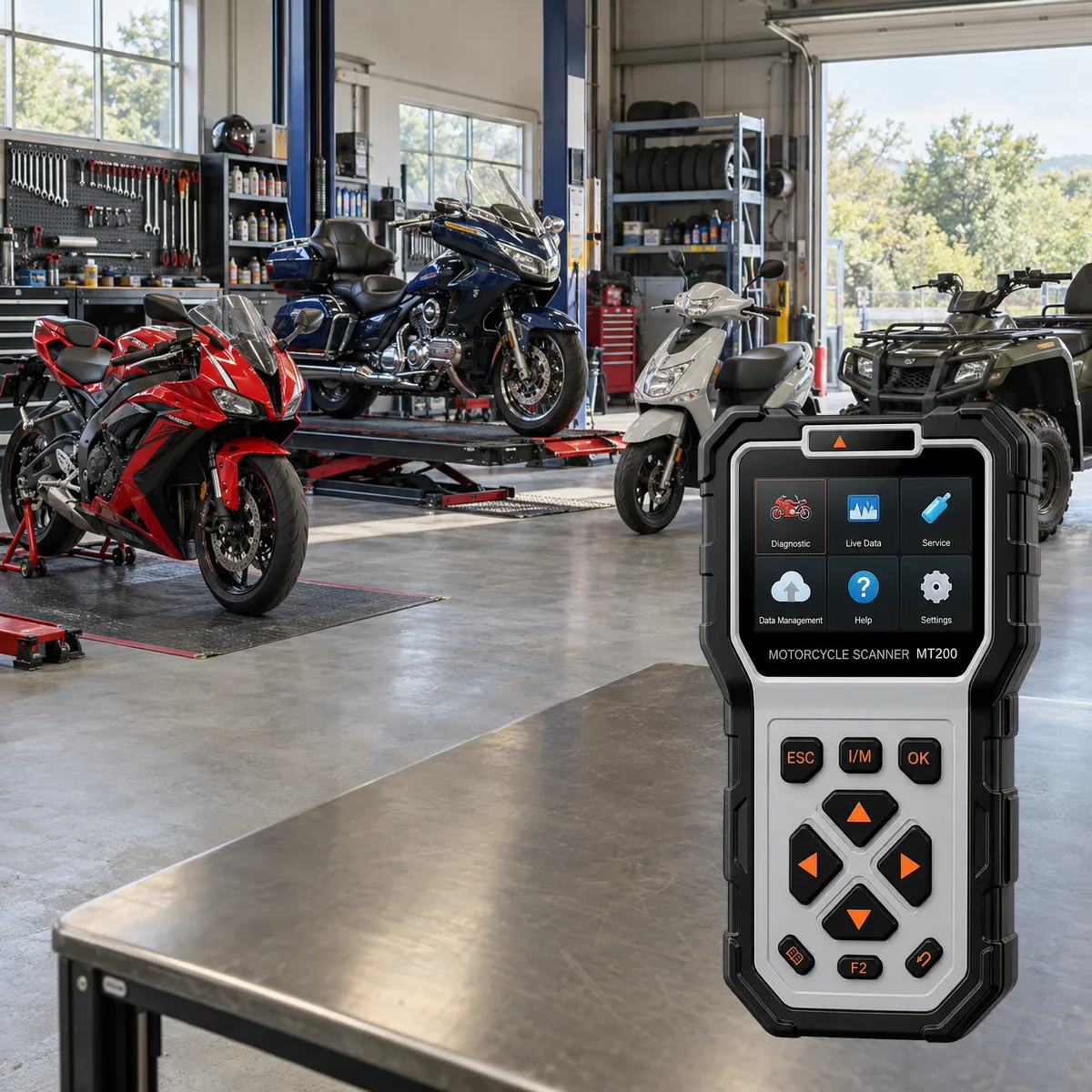 Actual Ancel MT200 device with examples of motorcycles, scooters, and ATVs from different classes