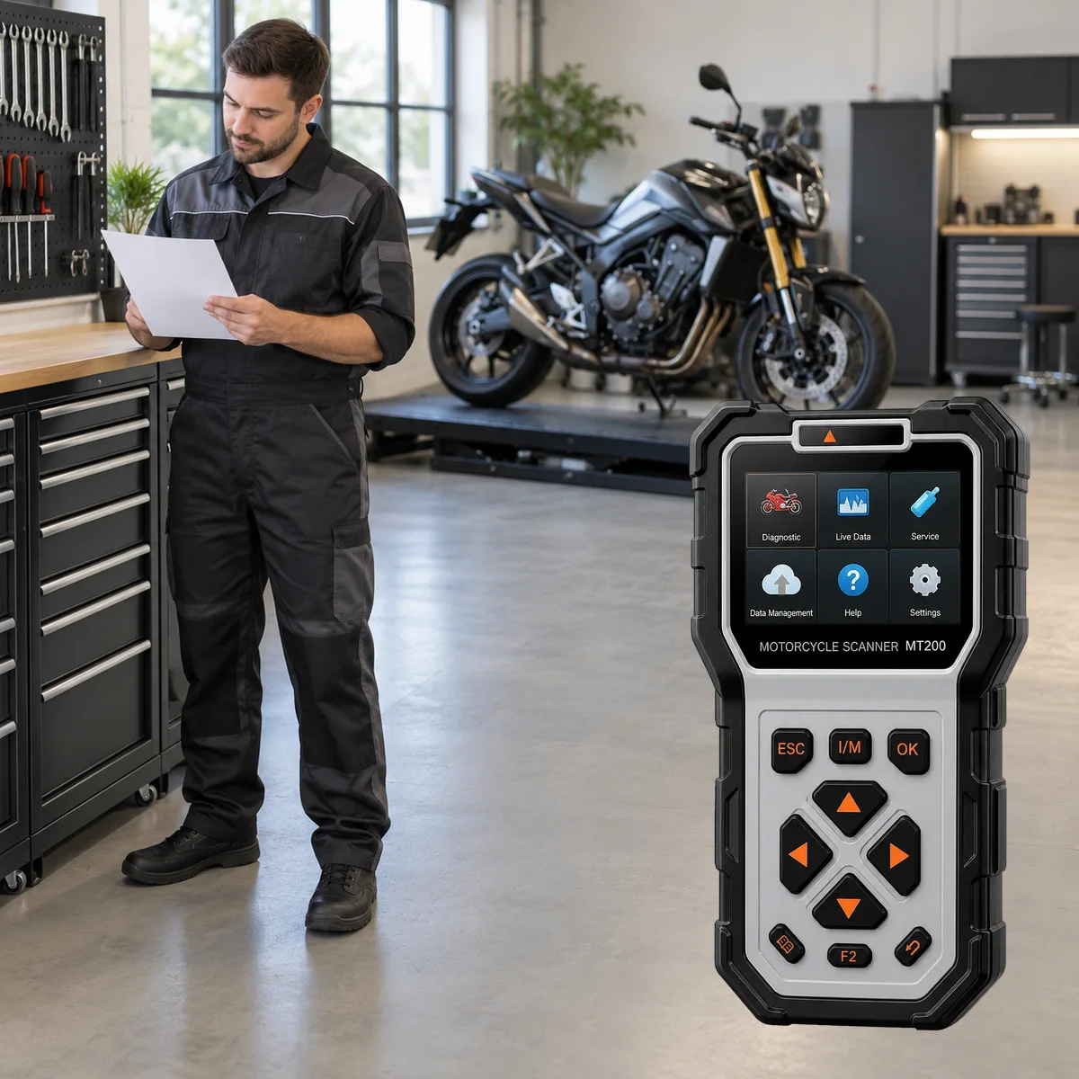 Verified actual Ancel MT200 device with a technician checking package and adapter requirements