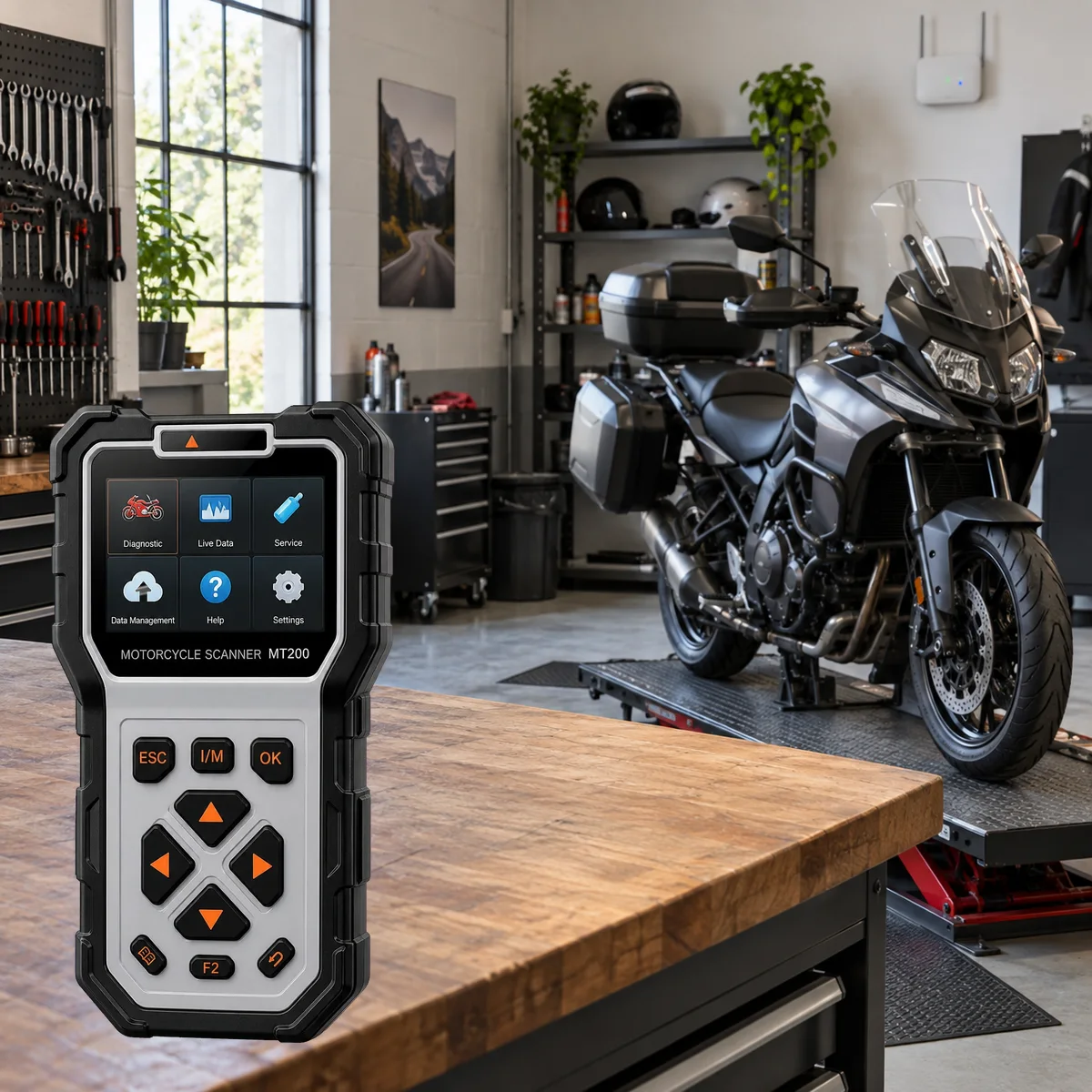 Actual Ancel MT200 device in a regular motorcycle workshop with wireless network access
