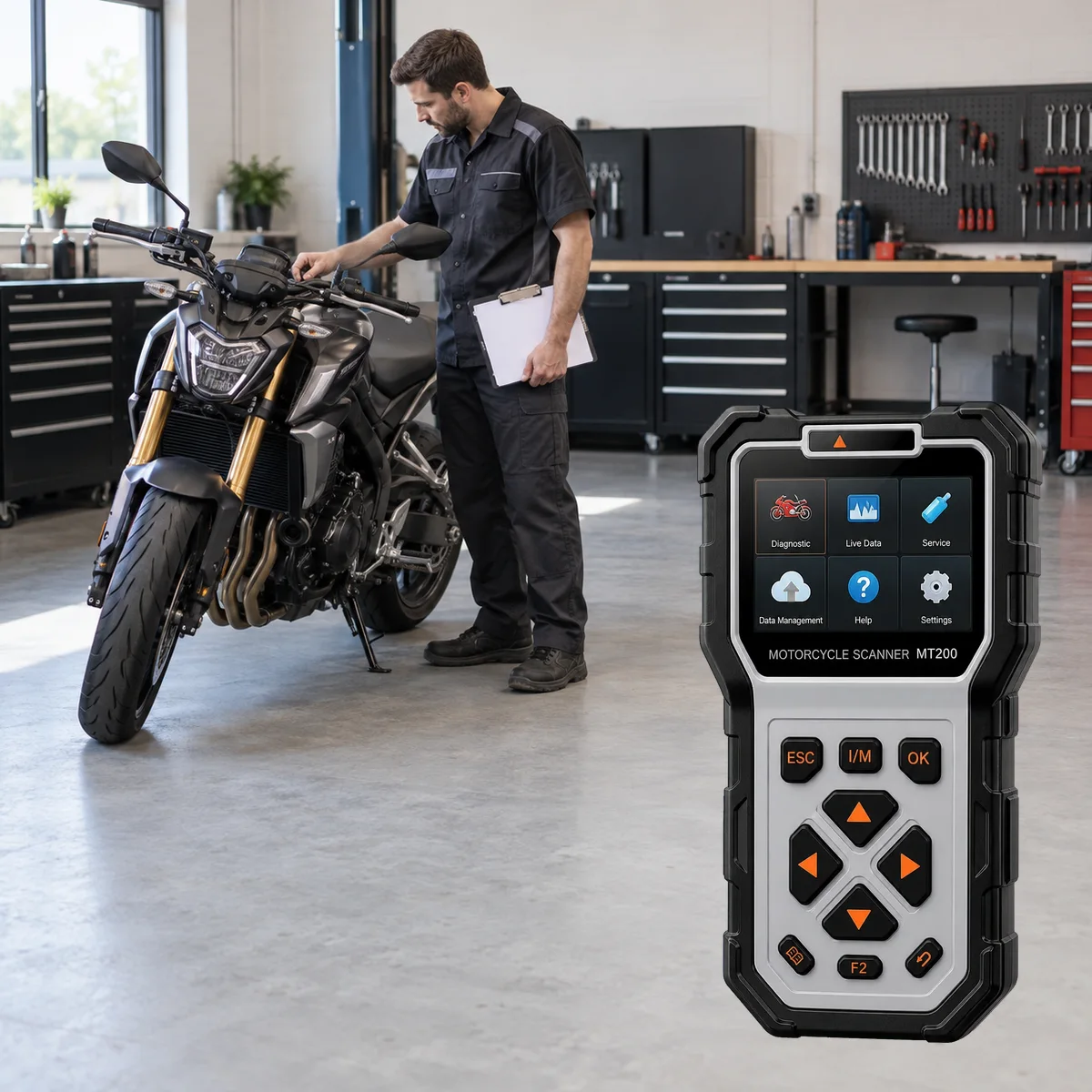 Actual Ancel MT200 device with a technician checking the motorcycle's ignition and model selection