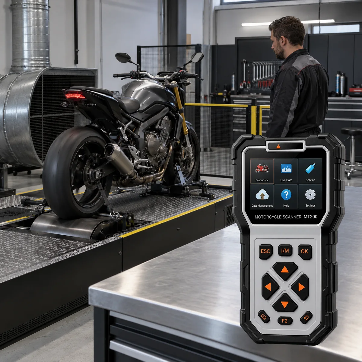 Actual Ancel MT200 device next to a motorcycle whose operating conditions are observed on a dynamometer
