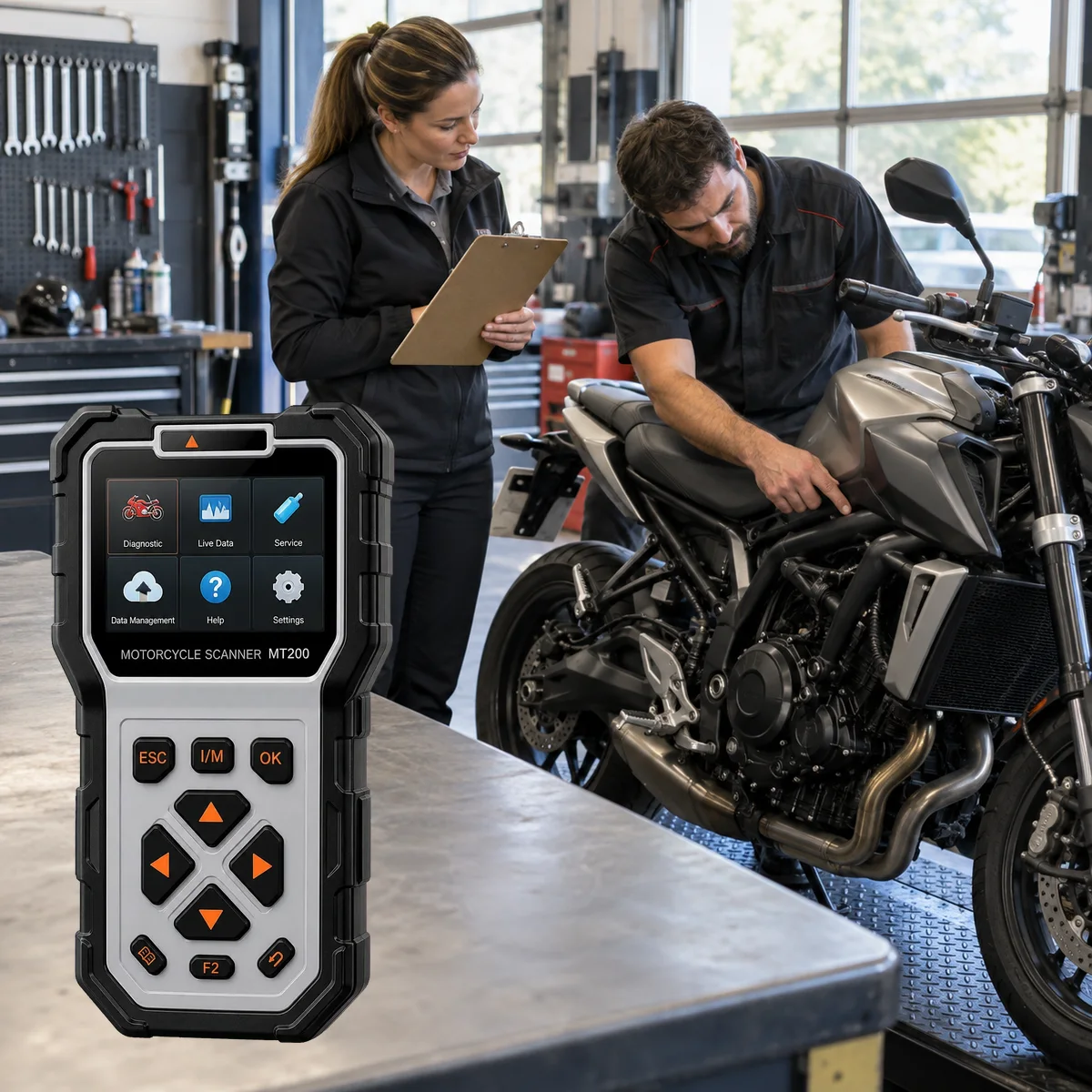Actual Ancel MT200 device with service team checking motorcycle identification and model information