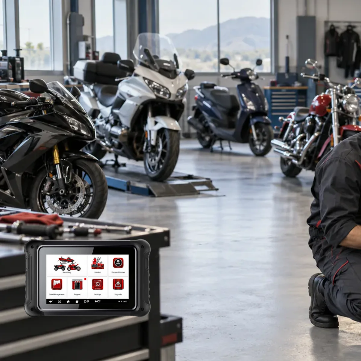 Service technicians examining motorcycles of different classes by model, year, and socket information