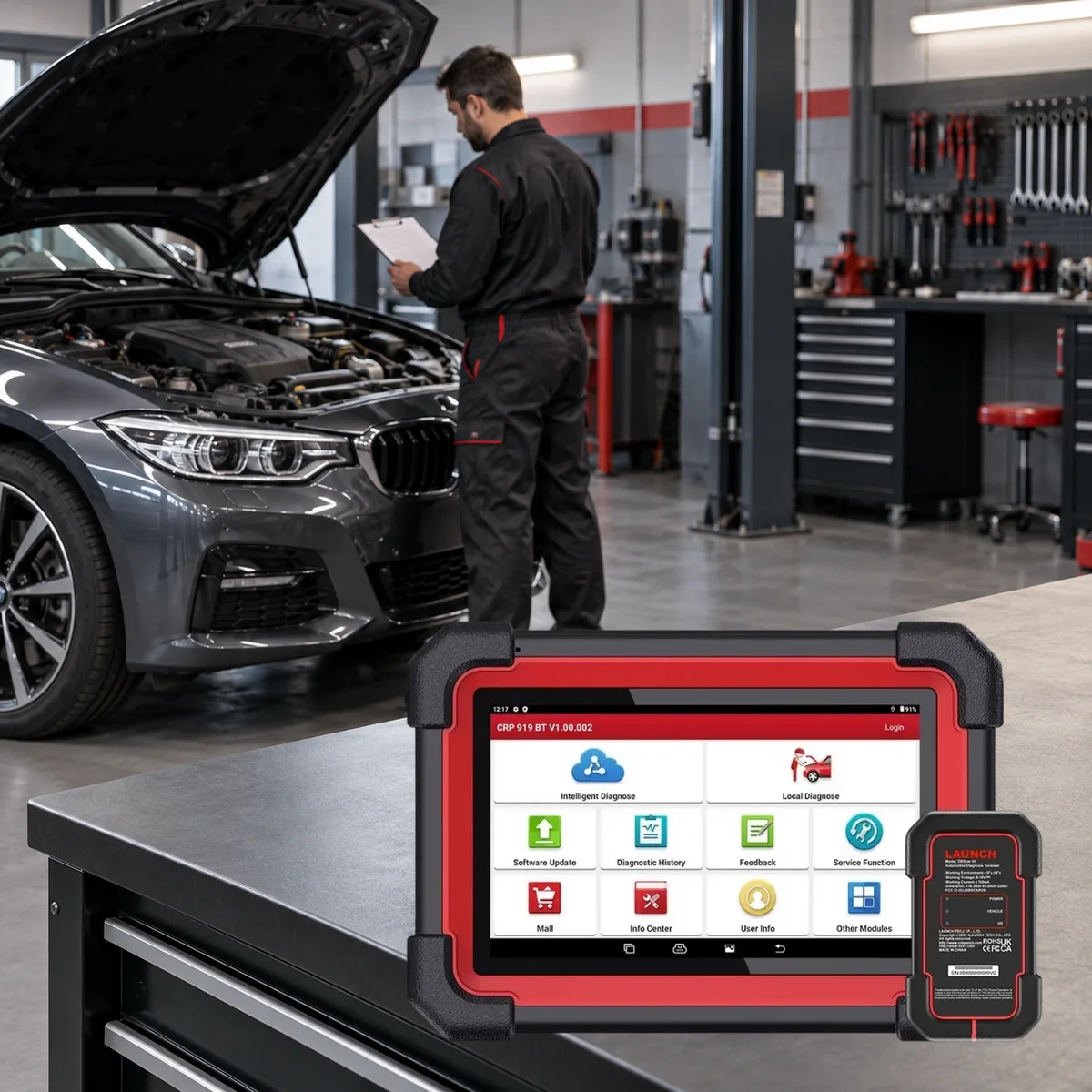 Real Launch CRP919E BT tablet and DBScar VII VCI in a professional service workflow