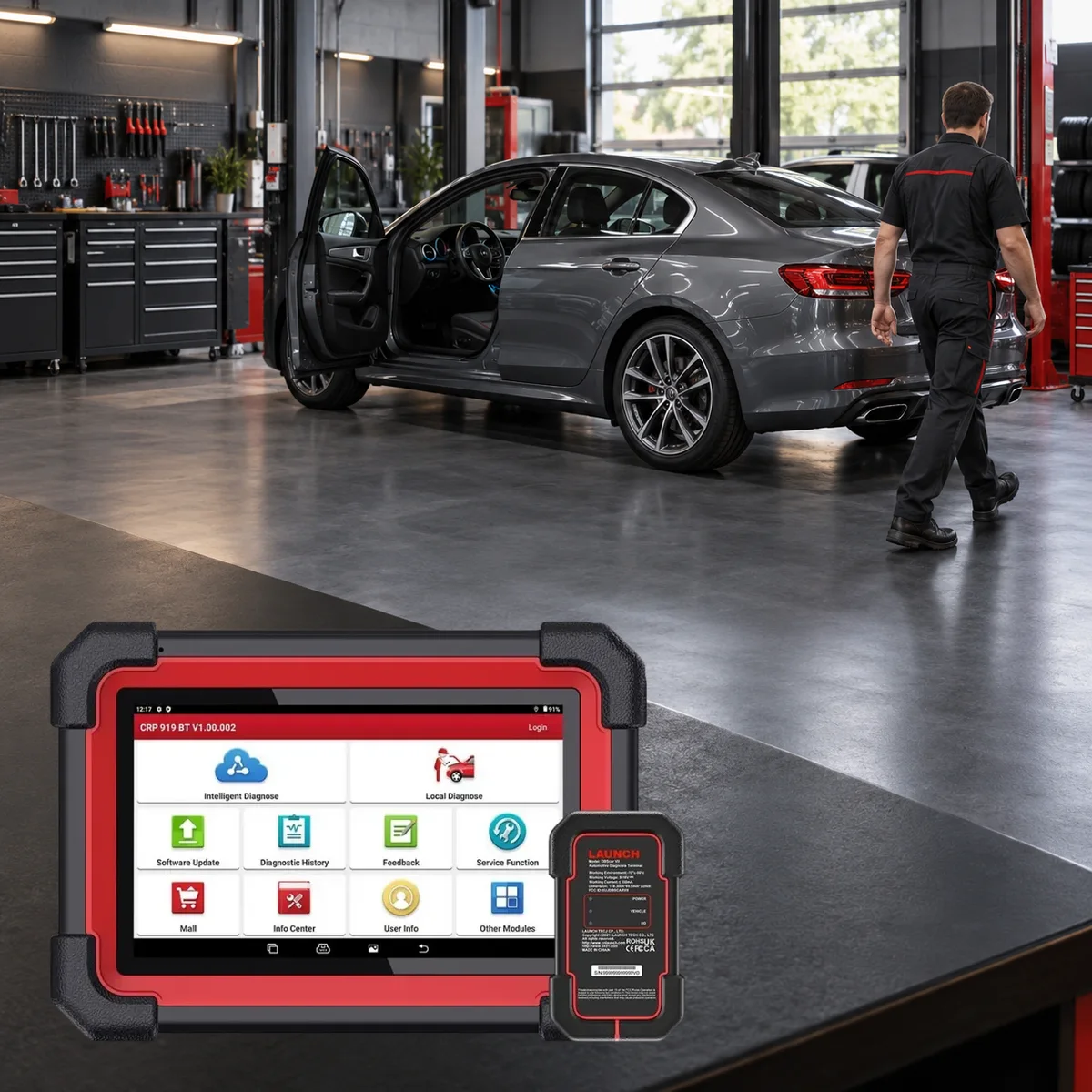 Real Launch CRP919E BT tablet and DBScar VII VCI in the context of wireless operation around the vehicle