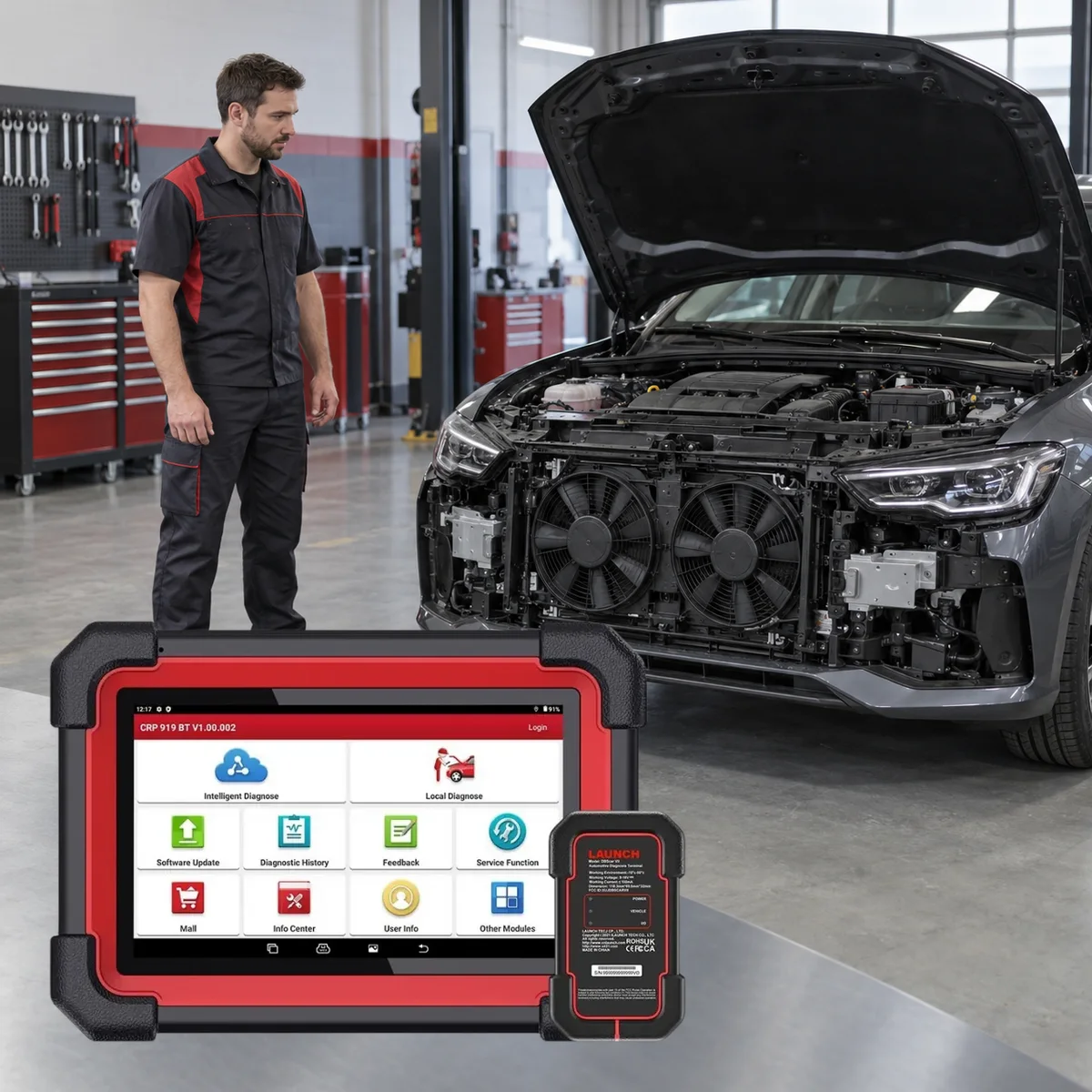 Technician observing the physical response of the cooling fan with the real Launch CRP919E BT device