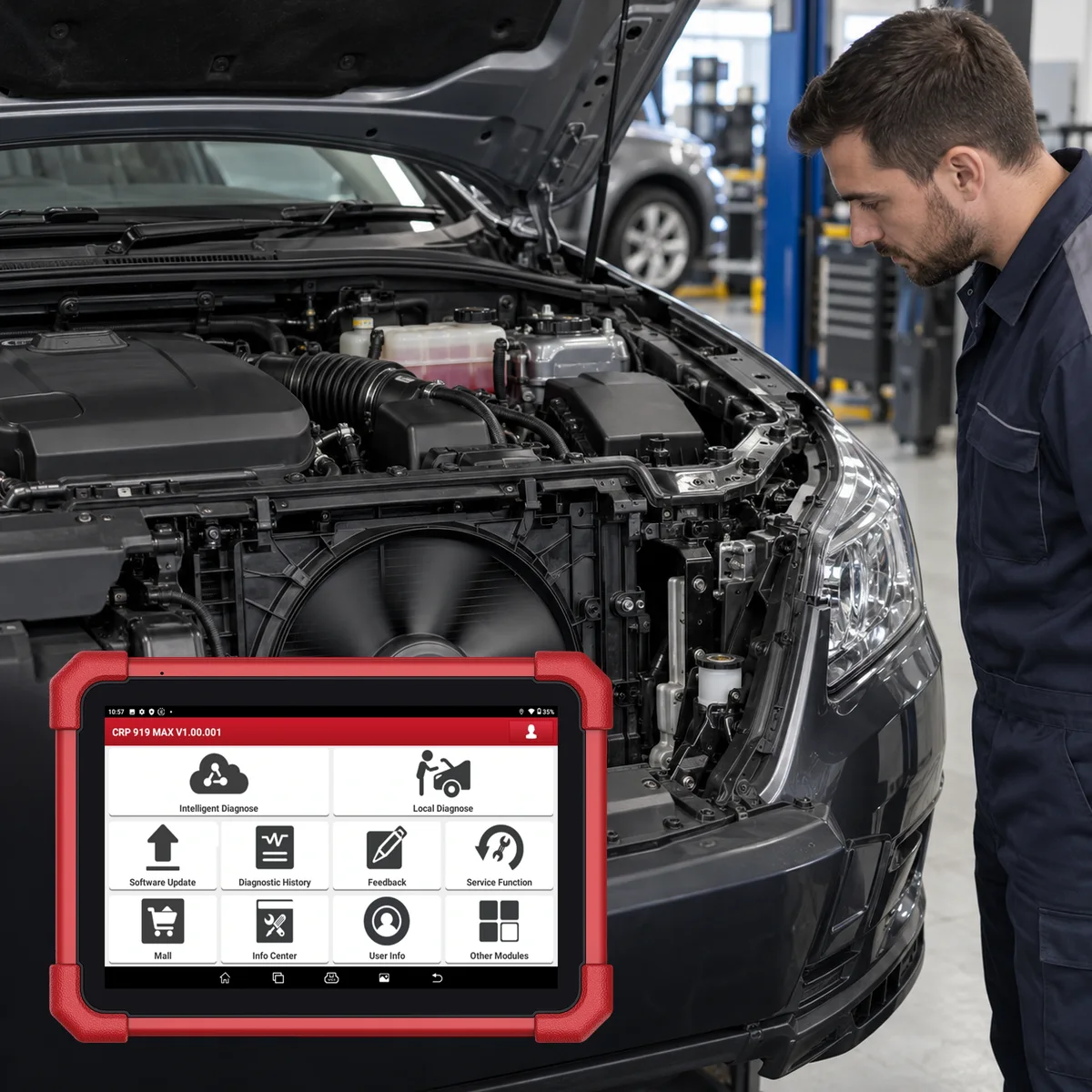 Actual Launch CRP 919 MAX tablet with a technician observing the physical response of the cooling fan
