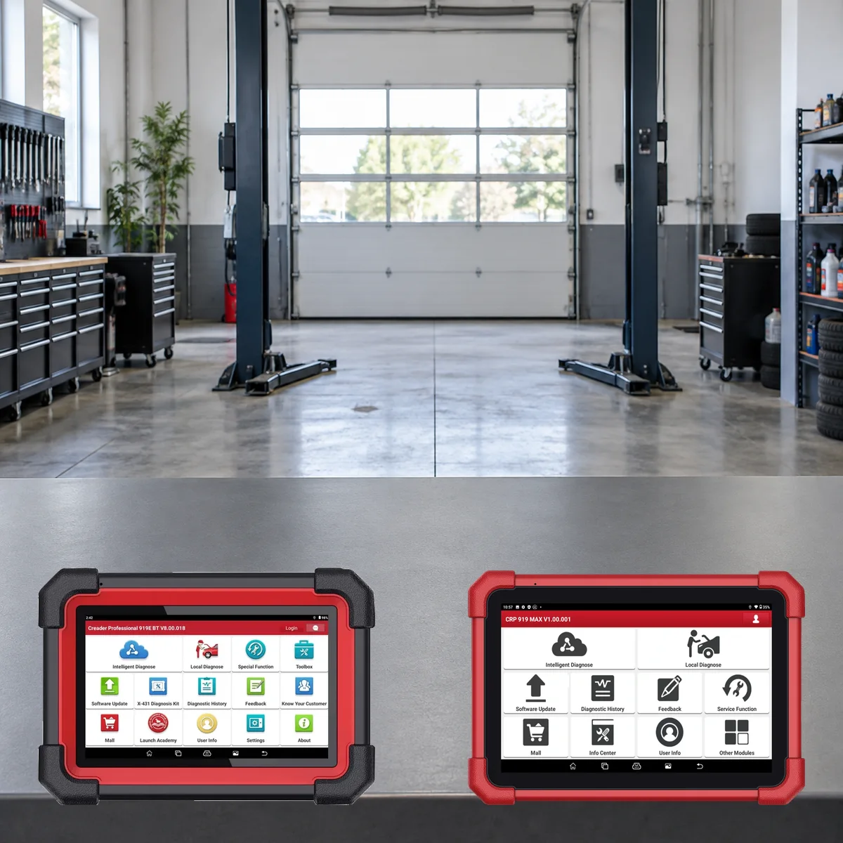 Comparison of actual Launch CRP919E BT and CRP 919 MAX tablets on an equal service floor