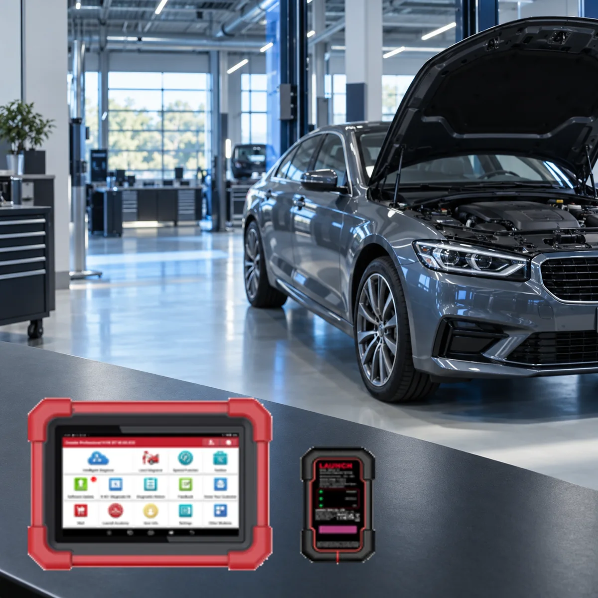 Çağdaş araç servisinde gerçek Launch CRP919X BT ve DoIP bağlantı koşullarını temsil eden düzen