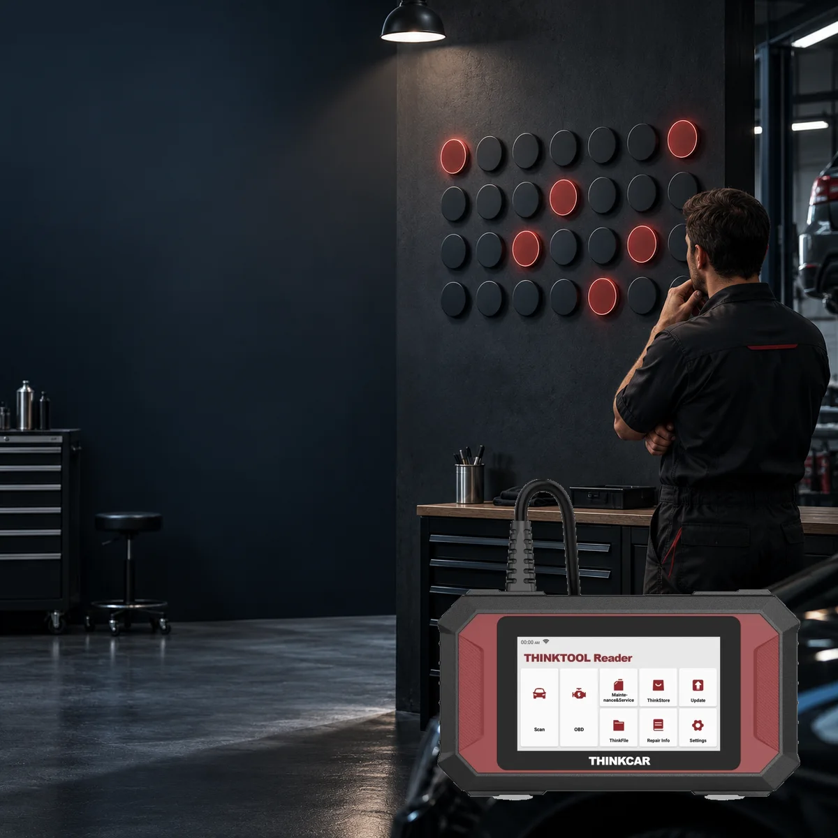 Genuine Reader 7 device in the workshop context representing maintenance function selection