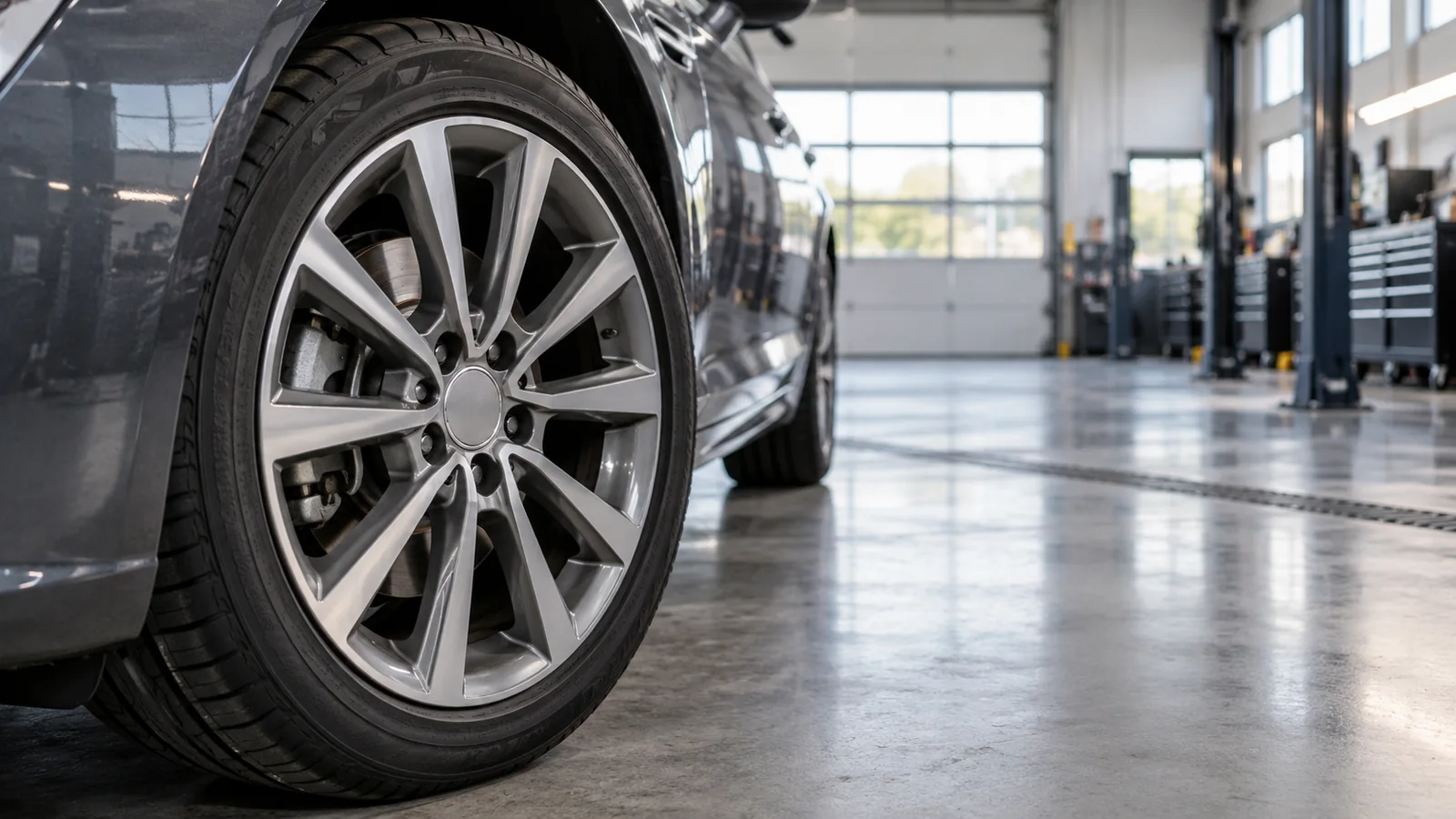 Sturdy car wheel and workshop for ABS brake service guide; AI-generated representative scene