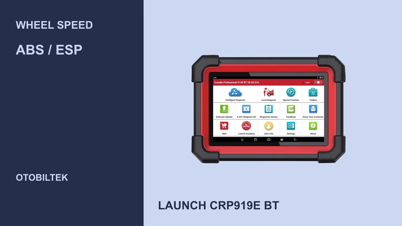 Launch CRP919E BT real şəkli ilə WHEEL SPEED yoxlamasında cihazın rolu; ekrandakı görüntü bir ölçü nəticəsi deyil.