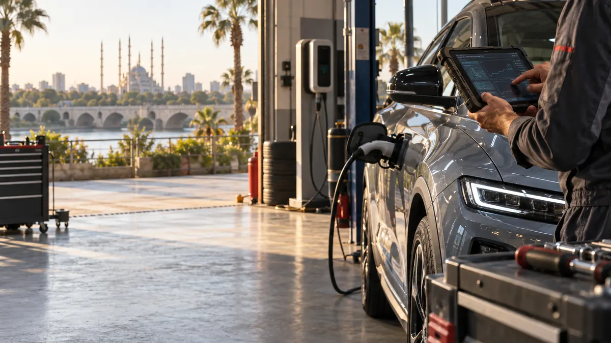 Adana elektrikli ve hibrit araç diagnostik cihazı için otomotiv servisinde arıza tespit cihazı kullanılan gerçekçi kapak görseli
