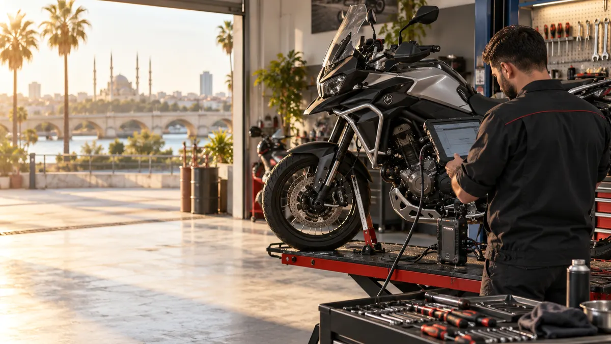 Adana motosiklet arıza tespit cihazı için otomotiv servisinde arıza tespit cihazı kullanılan gerçekçi kapak görseli