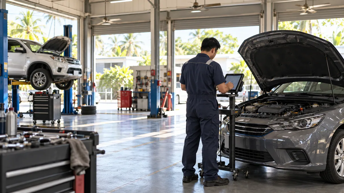 Adana çok markalı oto servis cihazı için otomotiv servisinde arıza tespit cihazı kullanılan gerçekçi kapak görseli