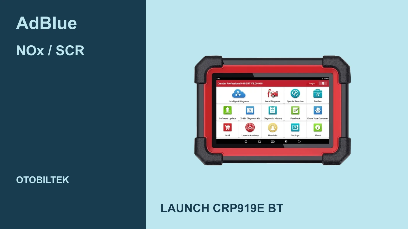 Launch CRP919E BT real şəkli ilə AdBlue yoxlamasında cihazın rolu; ekrandakı görüntü bir ölçü nəticəsi deyil.