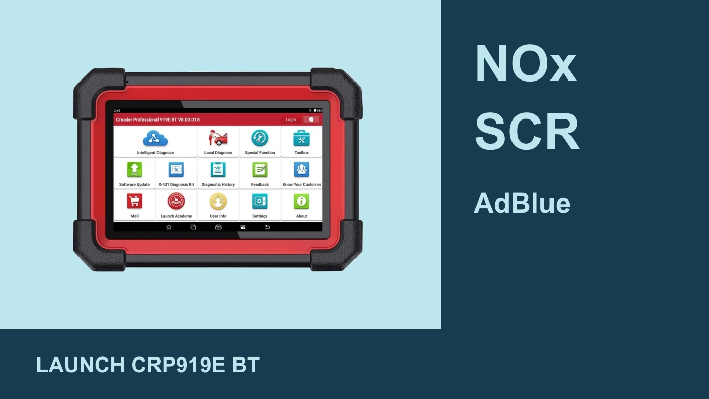 AdBlue doldurdum, xəbərdarlıq sönmür: NOx və SCR diaqnostikasında nəyə baxılır? mövzusuna həsr olunmuş Launch CRP919E BT real məhsul şəkli; tətbiqi test qeydi deyil.