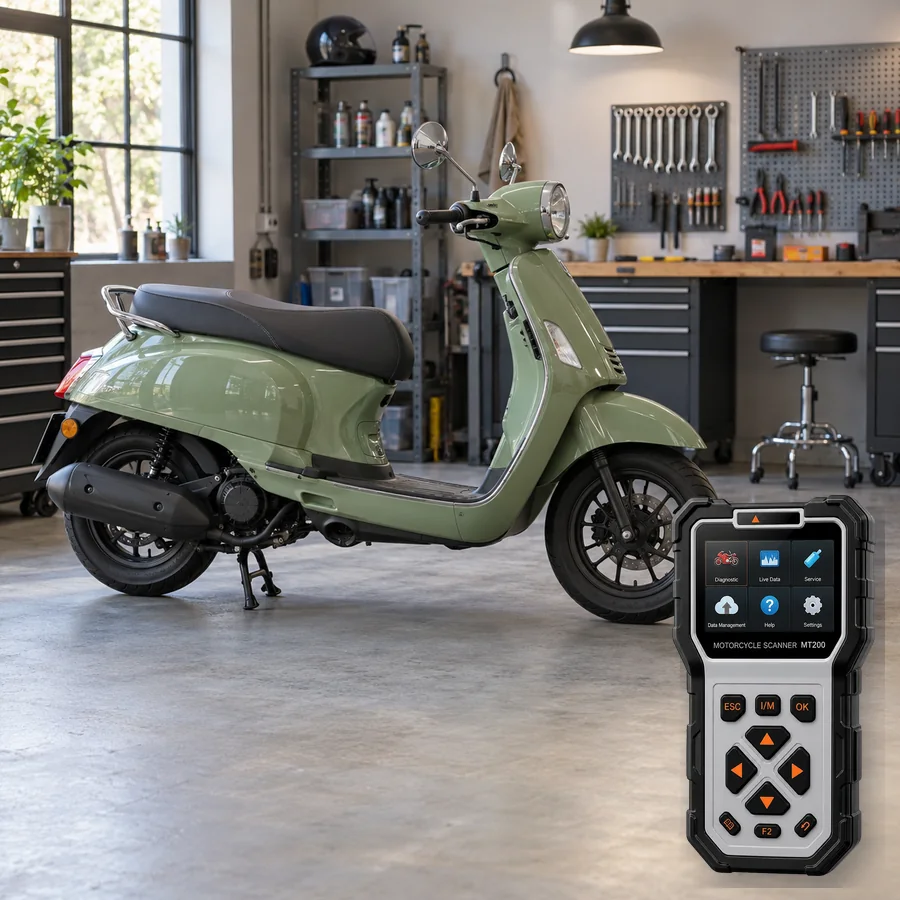 Aeon Dory 125 sınıfını anlatan logosuz temsili servis sahnesi ve gerçek ANCEL MT200; görsel uyumluluk kanıtı değildir