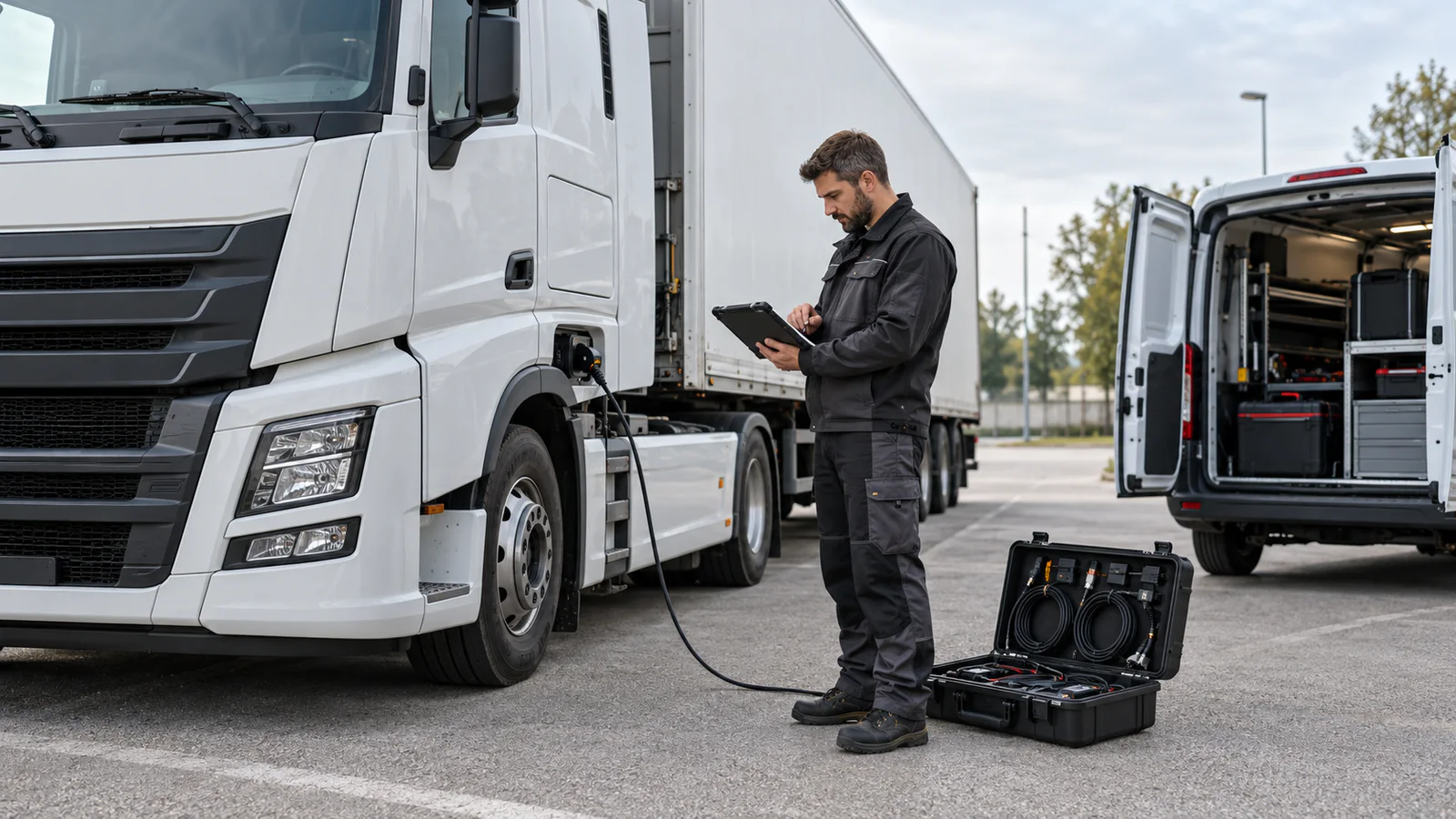 Mobil ağır vasıta servisinde kamyona bağlanan tablet ve düzenli kablo ekipmanı
