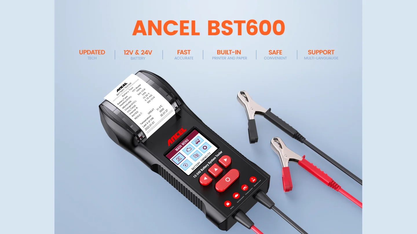 ANCEL BST600 yazıcılı 12V ve 24V akü test cihazı, ekranı ve test kıskaçları